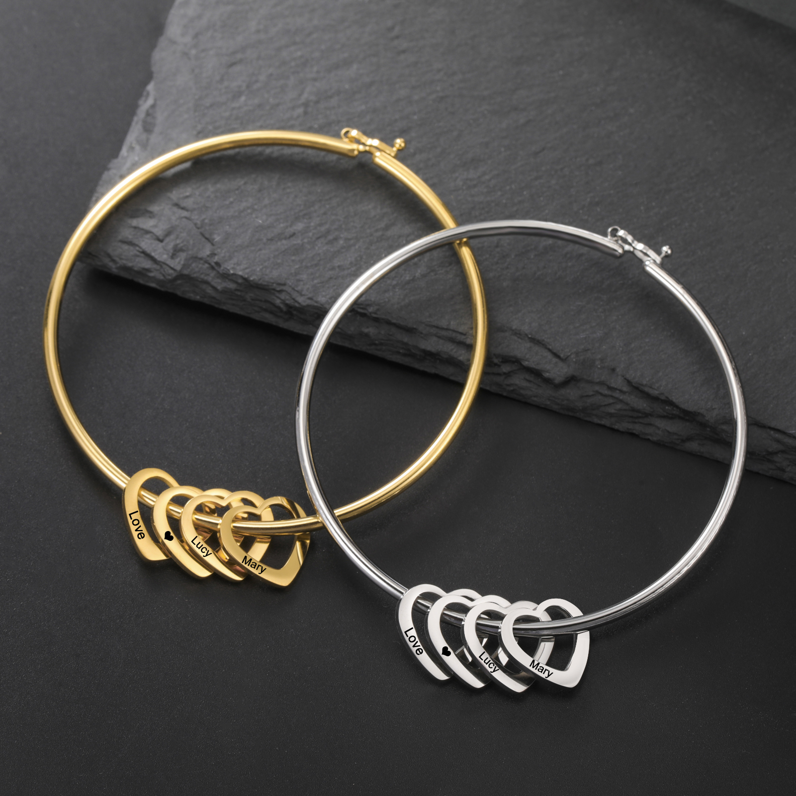 Cuff Bangle Bracelet - Heart Name Personalized Bracelet Custom Bangle